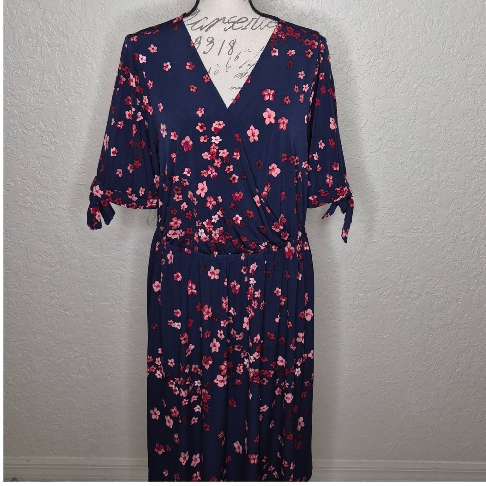 Lane Bryant Navy Pink Floral Faux Wrap Dress V-Neck Tie Sleeve 14/16